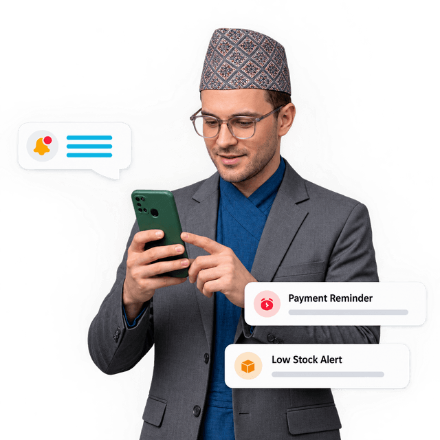Business owner checking MeroIMS payment reminder and low-stock alerts on a phone